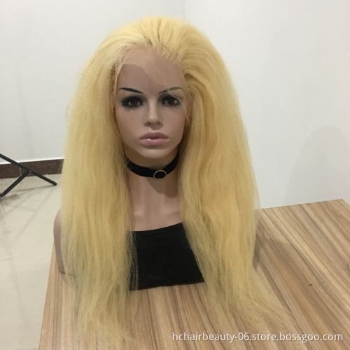 613 Blonde Kinky Straight Remy Human Hair Wig Full Transparent Lace Wigs 613 Blonde 8"-26 Long 150% Density Hair Wigs